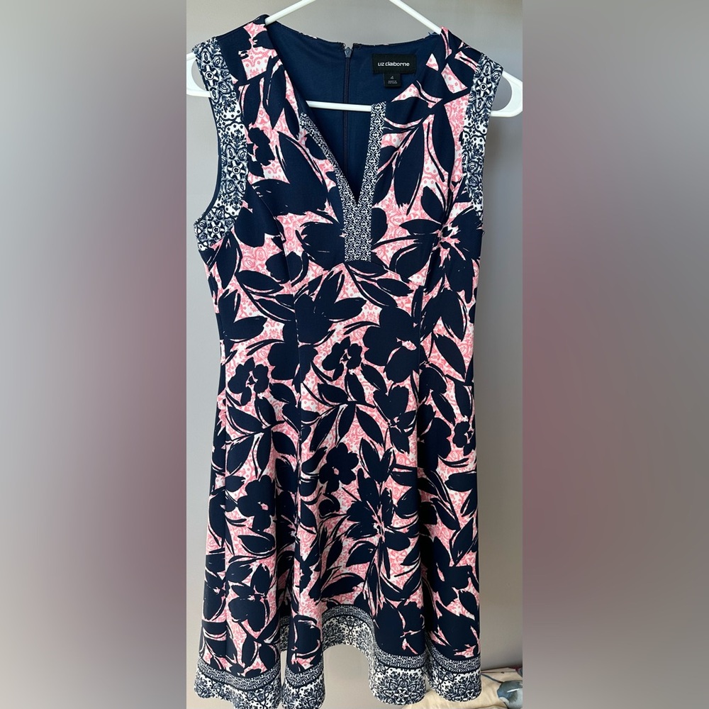 LIZ CLAIBORNE size 4 navy blue, pink & white floral print, sleeveless dress.